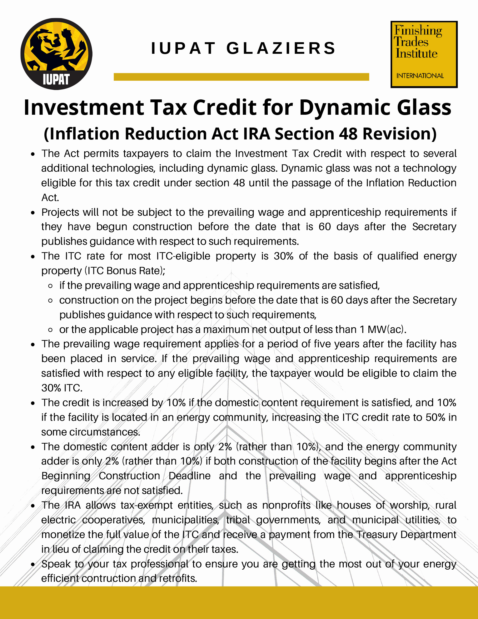 Investment Tax Credit for Dynamic Glass NCGMA